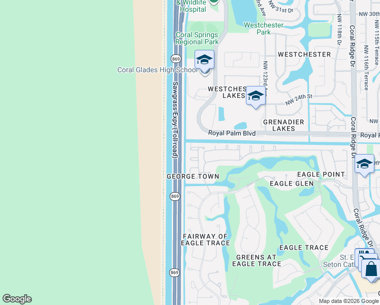 map of restaurants, bars, coffee shops, grocery stores, and more near 12710 Northwest 20th Court in Coral Springs