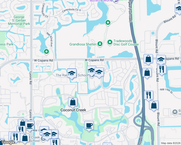 map of restaurants, bars, coffee shops, grocery stores, and more near 2140 Northwest 40th Avenue in Coconut Creek
