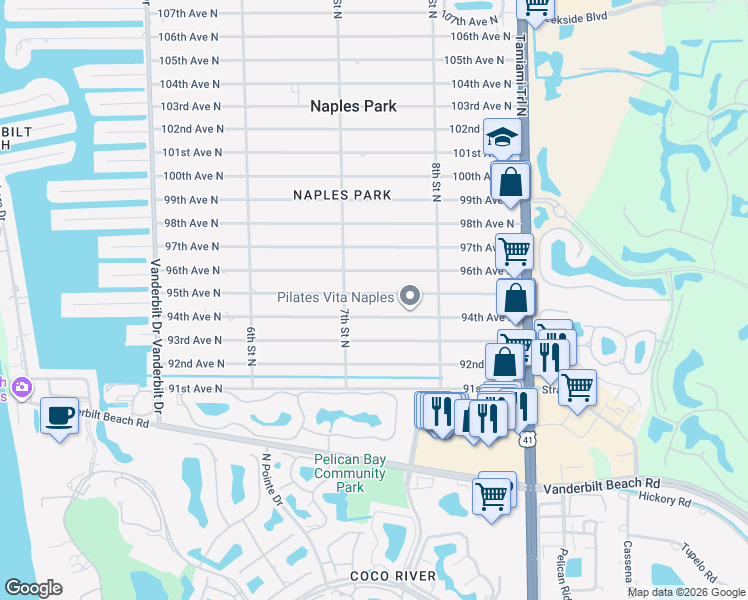 map of restaurants, bars, coffee shops, grocery stores, and more near 718 95th Avenue North in Naples