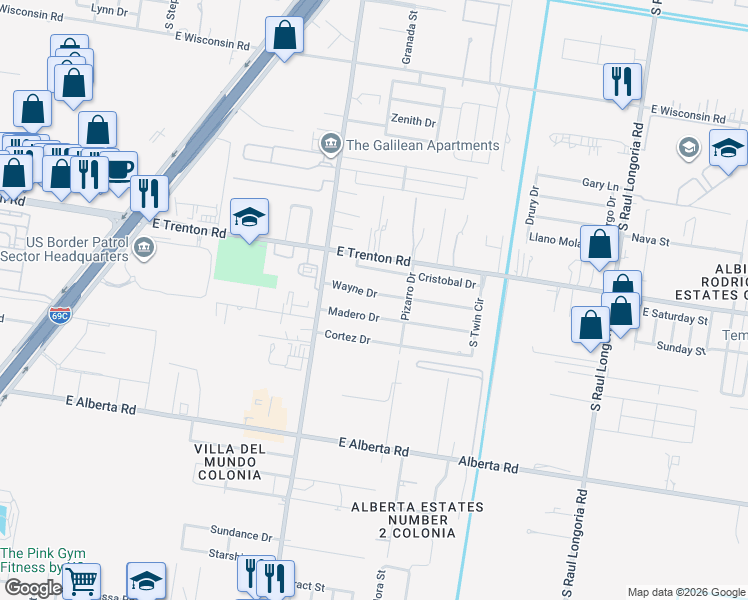 map of restaurants, bars, coffee shops, grocery stores, and more near 1520 Wayne Dr in Edinburg