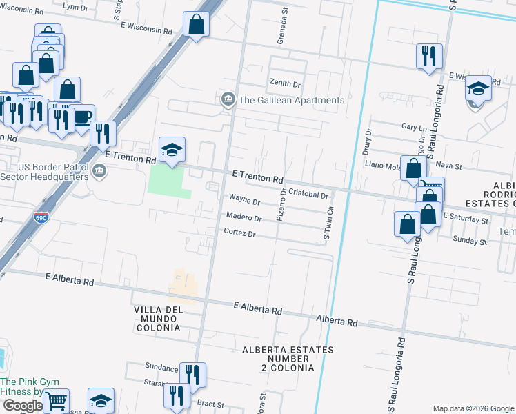 map of restaurants, bars, coffee shops, grocery stores, and more near 1520 Wayne Drive in Edinburg