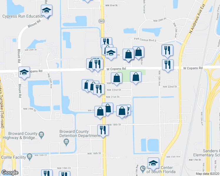 map of restaurants, bars, coffee shops, grocery stores, and more near 2021 Northwest 22nd Street in Pompano Beach
