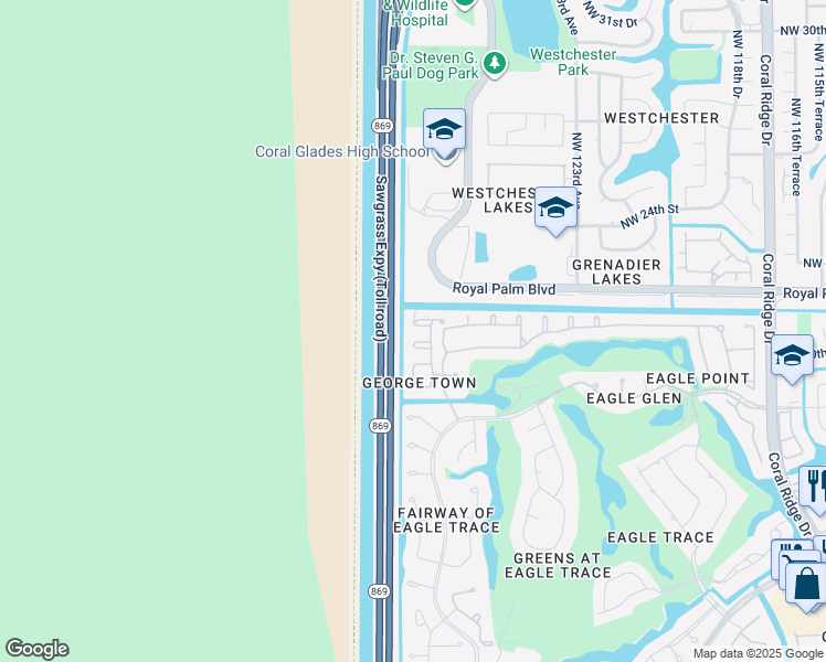 map of restaurants, bars, coffee shops, grocery stores, and more near 12710 Northwest 20th Court in Coral Springs