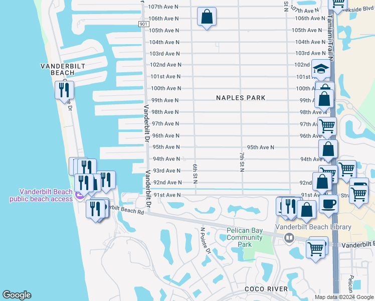 map of restaurants, bars, coffee shops, grocery stores, and more near 584 95th Avenue North in Naples