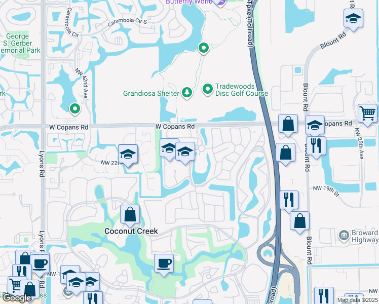 map of restaurants, bars, coffee shops, grocery stores, and more near 2384 Northwest 36th Avenue in Coconut Creek