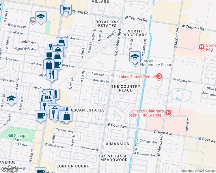 map of restaurants, bars, coffee shops, grocery stores, and more near 304 Jay Avenue in McAllen