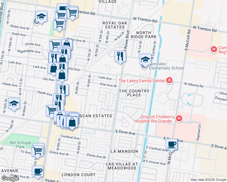 map of restaurants, bars, coffee shops, grocery stores, and more near 304 Jay Avenue in McAllen