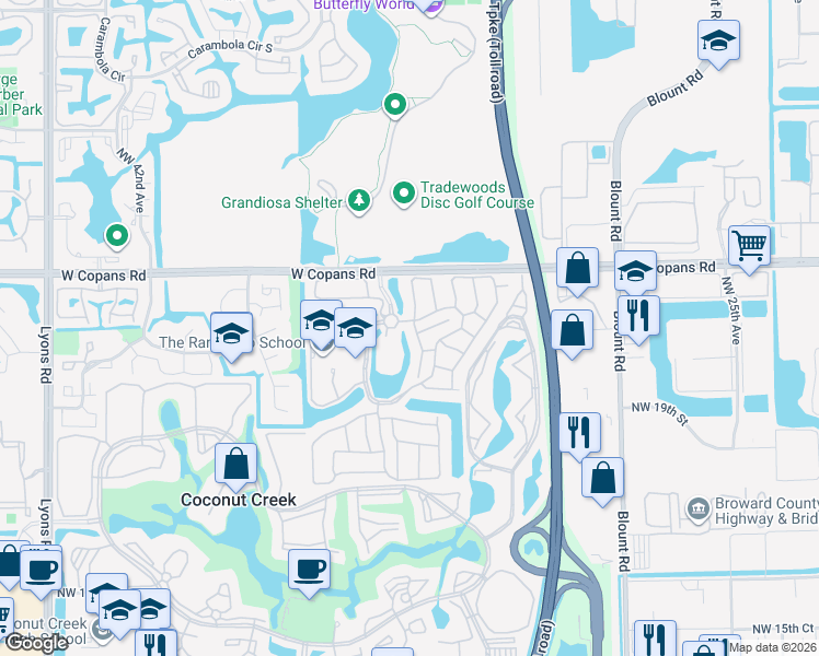 map of restaurants, bars, coffee shops, grocery stores, and more near 2241 Northwest 34th Terrace in Coconut Creek