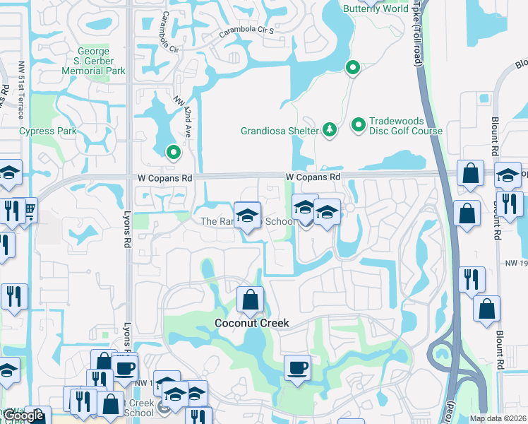 map of restaurants, bars, coffee shops, grocery stores, and more near 3946 Northwest 22nd Street in Coconut Creek