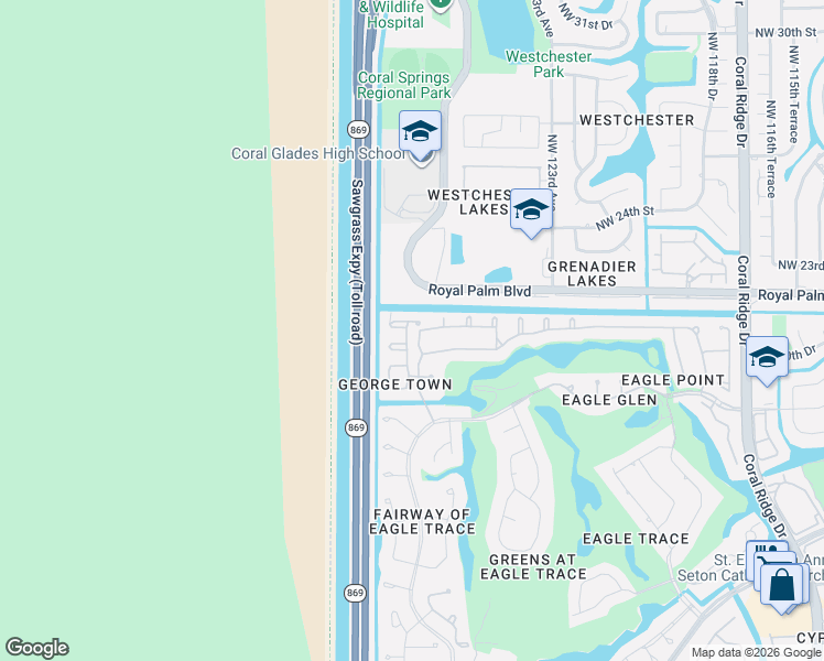 map of restaurants, bars, coffee shops, grocery stores, and more near 2055 Northwest 127th Terrace in Coral Springs