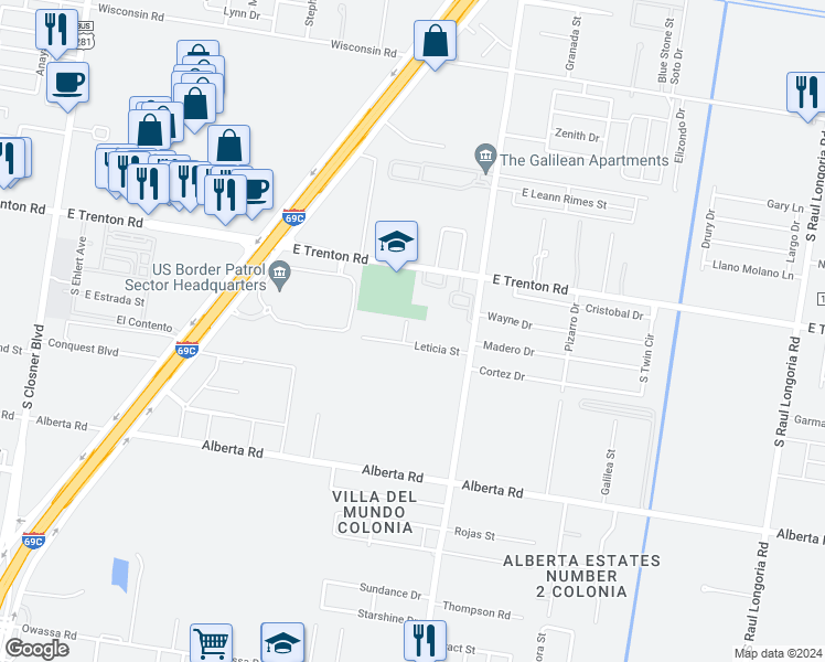 map of restaurants, bars, coffee shops, grocery stores, and more near 1003 Leticia Street in Edinburg