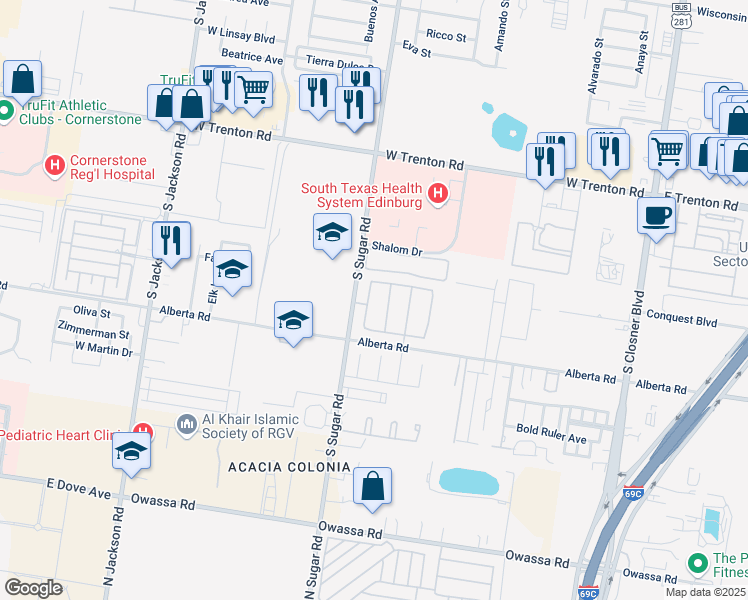 map of restaurants, bars, coffee shops, grocery stores, and more near 4902 August Drive in Edinburg