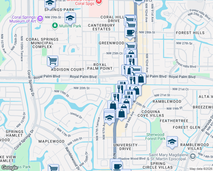 map of restaurants, bars, coffee shops, grocery stores, and more near 2056 Maplewood Drive in Coral Springs