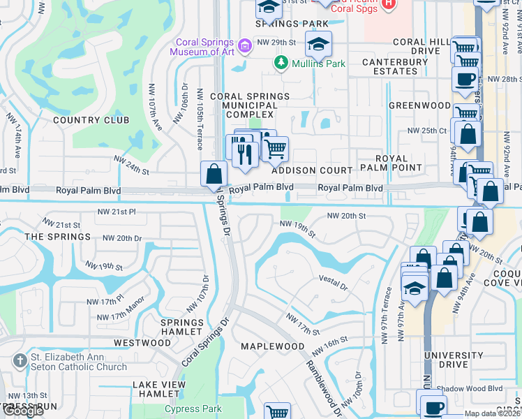 map of restaurants, bars, coffee shops, grocery stores, and more near 2147 Northwest 103rd Terrace in Coral Springs