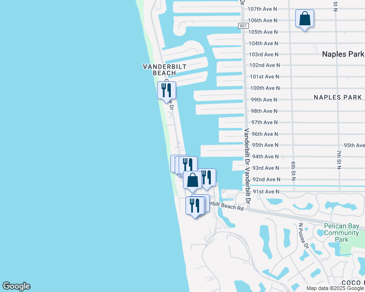 map of restaurants, bars, coffee shops, grocery stores, and more near 9467 Gulf Shore Drive in Naples