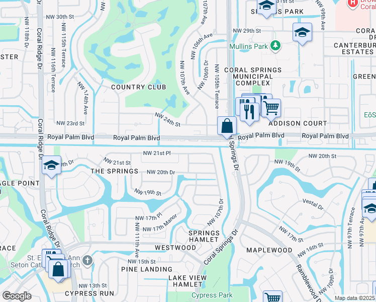 map of restaurants, bars, coffee shops, grocery stores, and more near 10791 Northwest 21st Place in Coral Springs