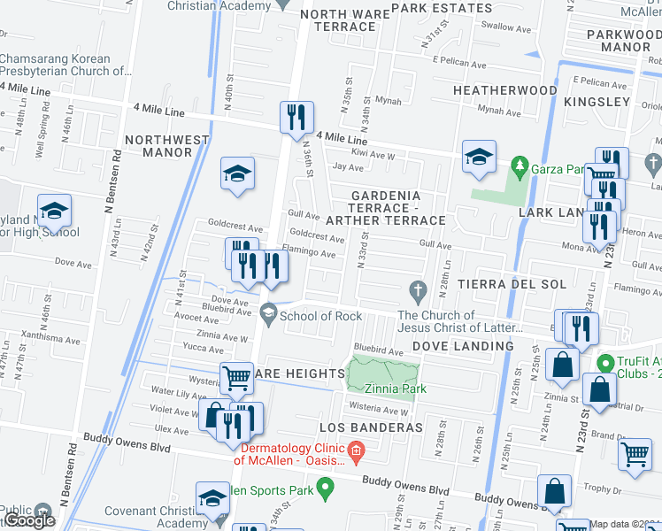 map of restaurants, bars, coffee shops, grocery stores, and more near 3412 Falcon Avenue in McAllen