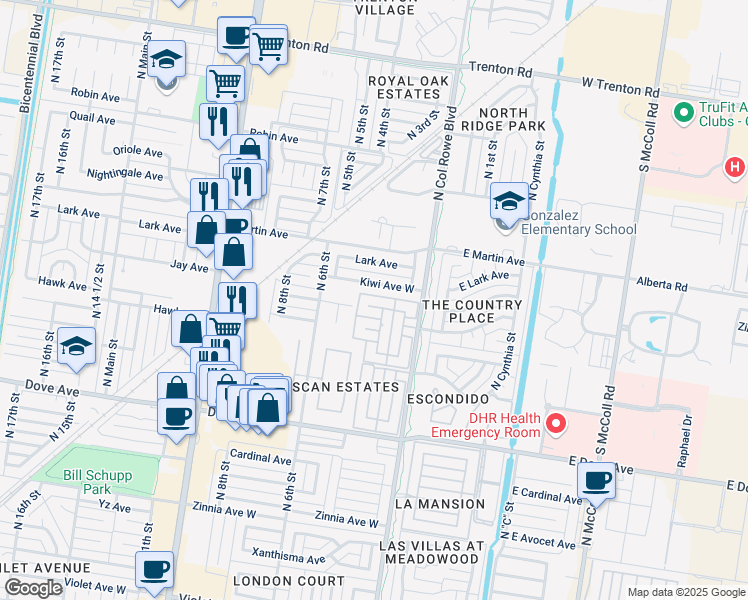 map of restaurants, bars, coffee shops, grocery stores, and more near 325 Jay Avenue in McAllen