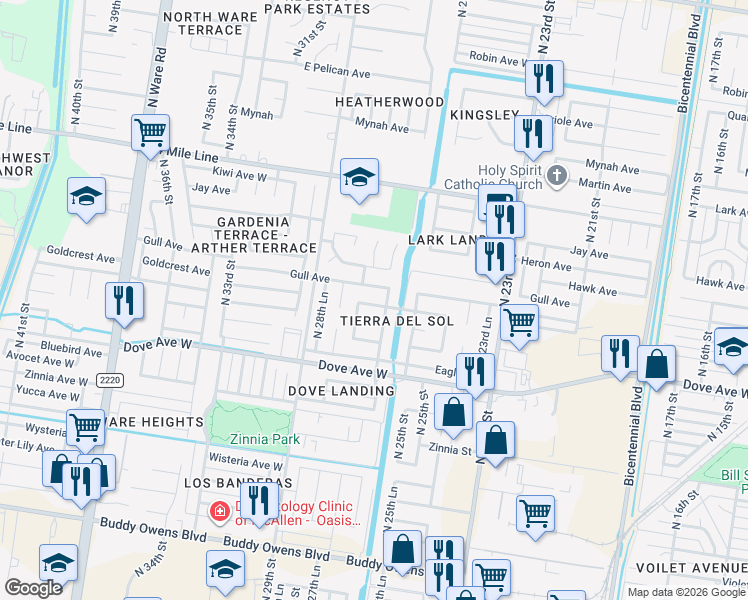 map of restaurants, bars, coffee shops, grocery stores, and more near 5820 North 27th Street in McAllen