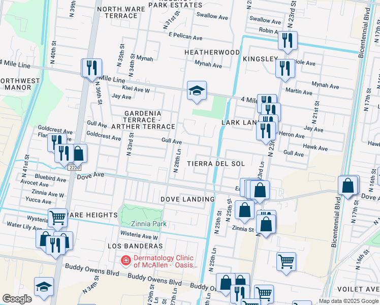 map of restaurants, bars, coffee shops, grocery stores, and more near 5816 North 28th Lane in McAllen