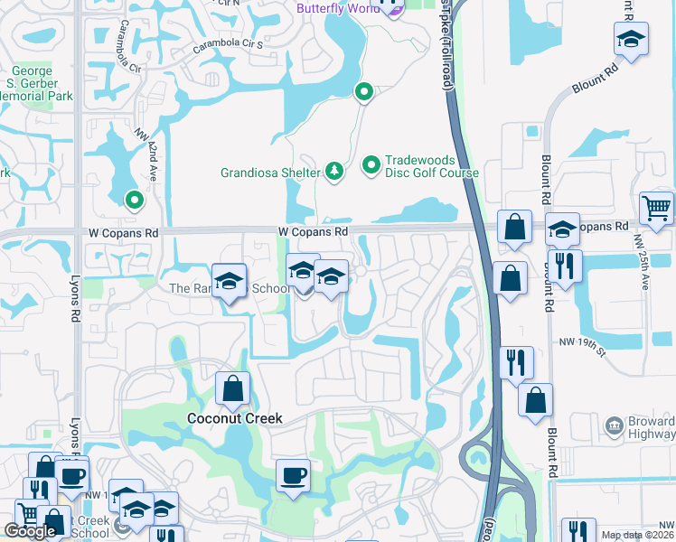 map of restaurants, bars, coffee shops, grocery stores, and more near 2384 Northwest 36th Avenue in Coconut Creek