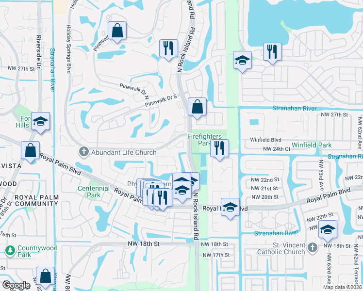 map of restaurants, bars, coffee shops, grocery stores, and more near 7280 Northwest 24th Court in Margate