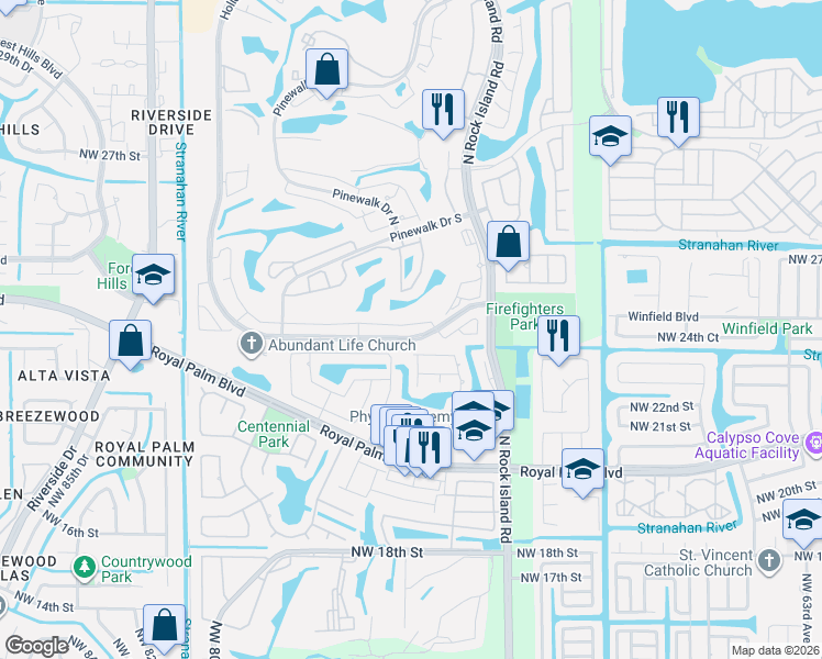 map of restaurants, bars, coffee shops, grocery stores, and more near 7491 Northwest 23rd Street in Margate