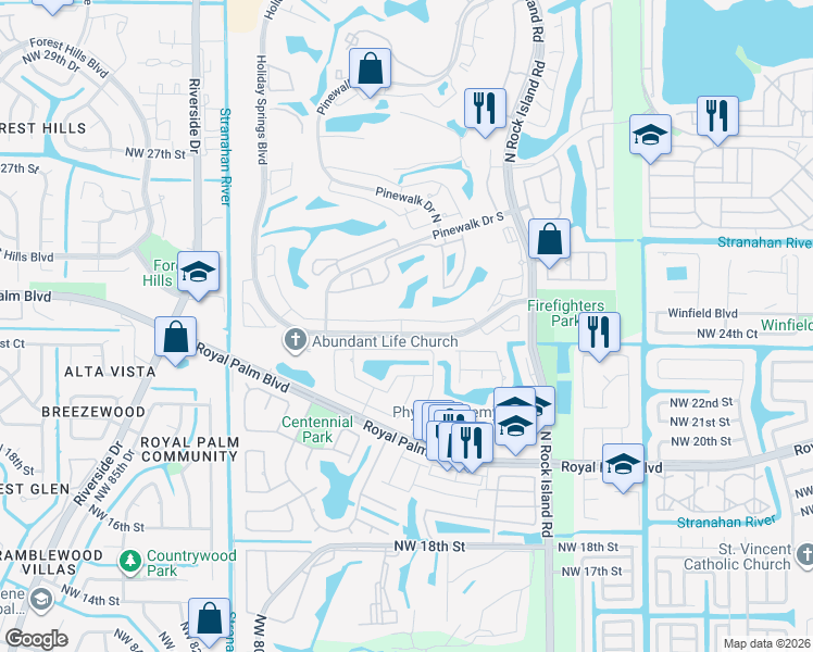 map of restaurants, bars, coffee shops, grocery stores, and more near 7661 Northwest 23rd Street in Margate