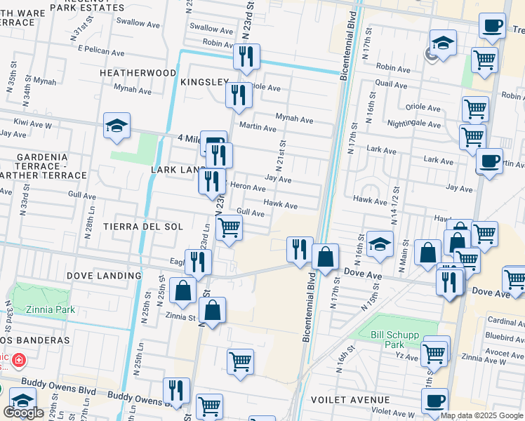 map of restaurants, bars, coffee shops, grocery stores, and more near 2112 Gull Avenue in McAllen