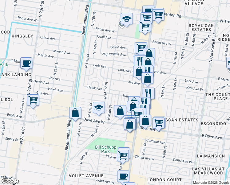map of restaurants, bars, coffee shops, grocery stores, and more near 5912 North Main Street in McAllen