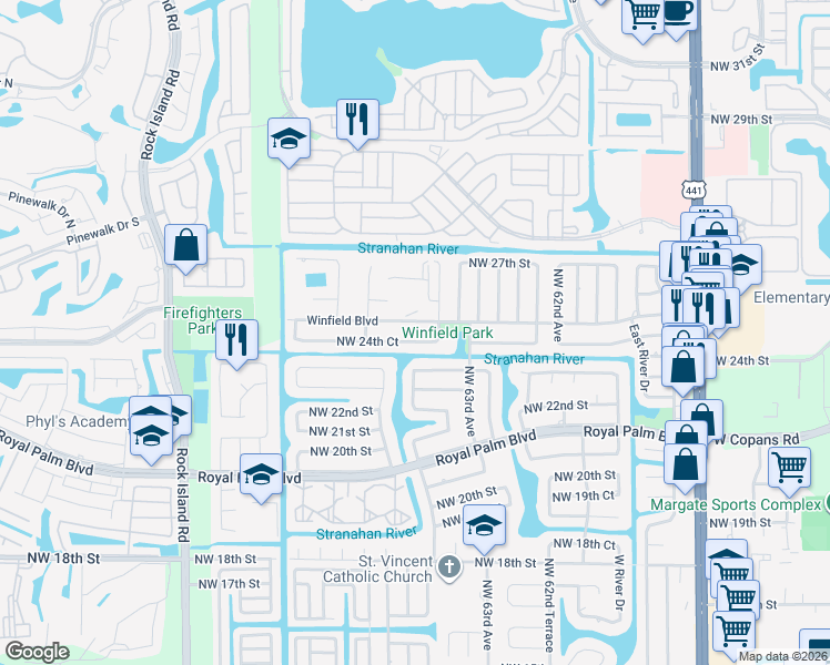 map of restaurants, bars, coffee shops, grocery stores, and more near 6524 Northwest 24th Court in Margate
