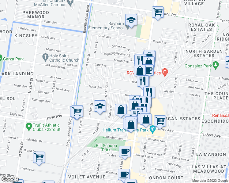 map of restaurants, bars, coffee shops, grocery stores, and more near 1313 West Heron Court in McAllen