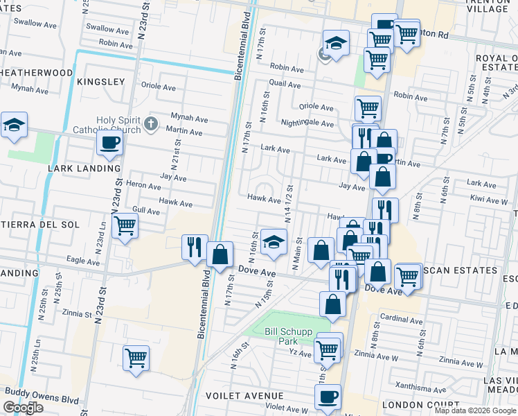 map of restaurants, bars, coffee shops, grocery stores, and more near 1516 Flamingo Avenue in McAllen
