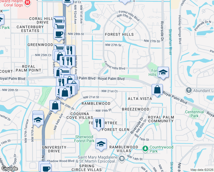 map of restaurants, bars, coffee shops, grocery stores, and more near 8851 Northwest 21st Court in Coral Springs