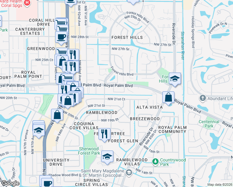 map of restaurants, bars, coffee shops, grocery stores, and more near 8820 Royal Palm Boulevard in Coral Springs