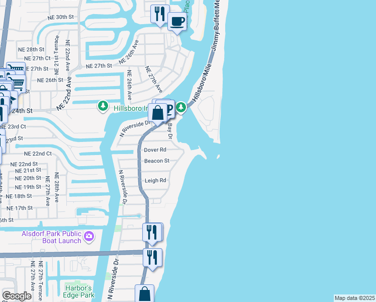 map of restaurants, bars, coffee shops, grocery stores, and more near 2300 Bay Drive in Pompano Beach