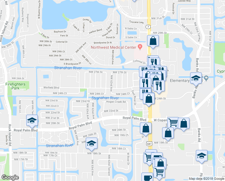 map of restaurants, bars, coffee shops, grocery stores, and more near 6146 Northwest 24th Court in Margate