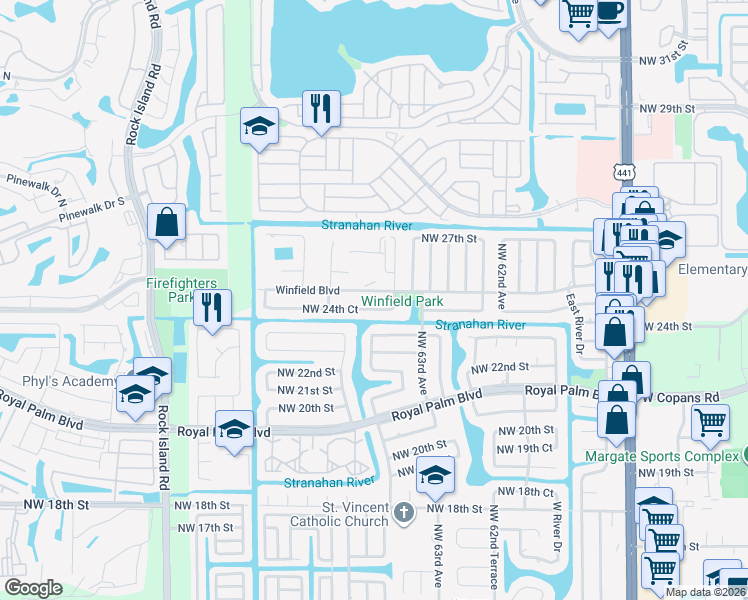 map of restaurants, bars, coffee shops, grocery stores, and more near 6524 Northwest 24th Court in Margate