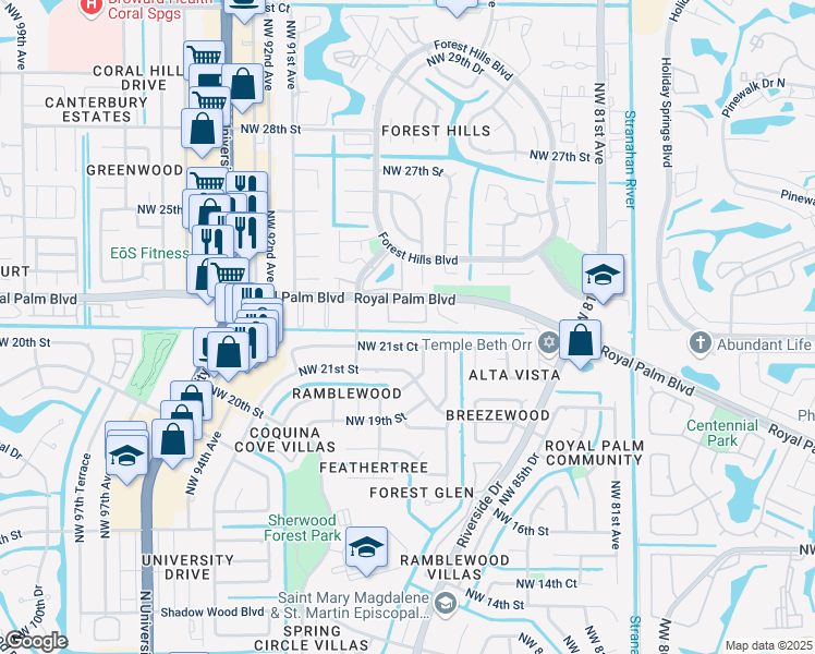 map of restaurants, bars, coffee shops, grocery stores, and more near 8751 Northwest 21st Court in Coral Springs