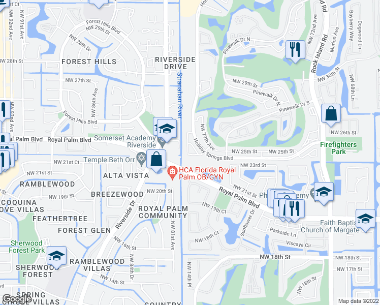 map of restaurants, bars, coffee shops, grocery stores, and more near 2435 Northwest 80th Avenue in Margate