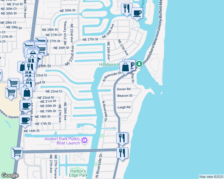 map of restaurants, bars, coffee shops, grocery stores, and more near 3207 Beacon Street in Pompano Beach