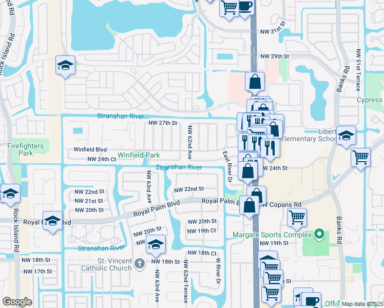 map of restaurants, bars, coffee shops, grocery stores, and more near 6146 Northwest 24th Court in Margate