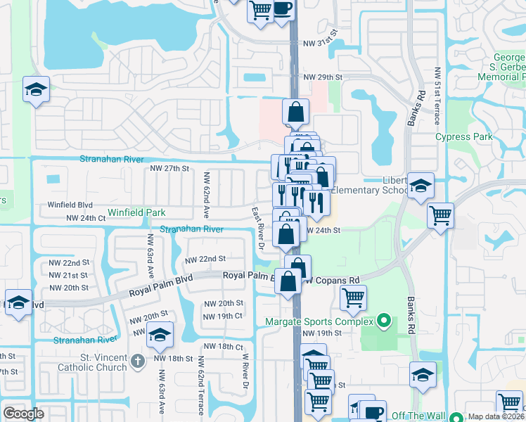 map of restaurants, bars, coffee shops, grocery stores, and more near 2410 East River Drive in Margate