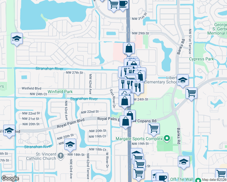 map of restaurants, bars, coffee shops, grocery stores, and more near 5793 Northwest 24th Court in Margate