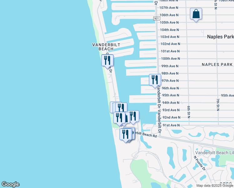 map of restaurants, bars, coffee shops, grocery stores, and more near 9524 Gulf Shore Drive in Naples