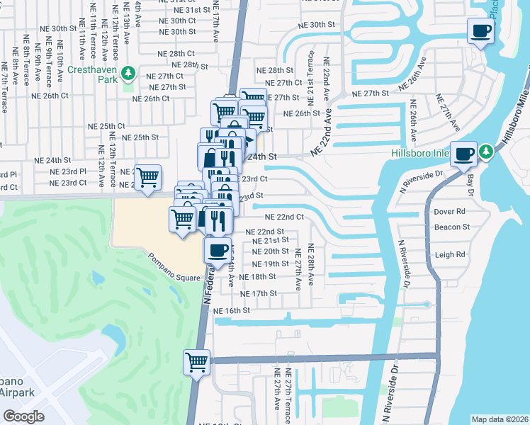map of restaurants, bars, coffee shops, grocery stores, and more near 2651 Northeast 22nd Court in Pompano Beach