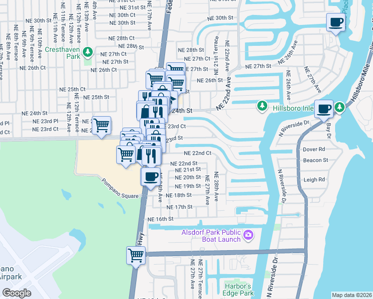 map of restaurants, bars, coffee shops, grocery stores, and more near 2650 Northeast 22nd Court in Pompano Beach
