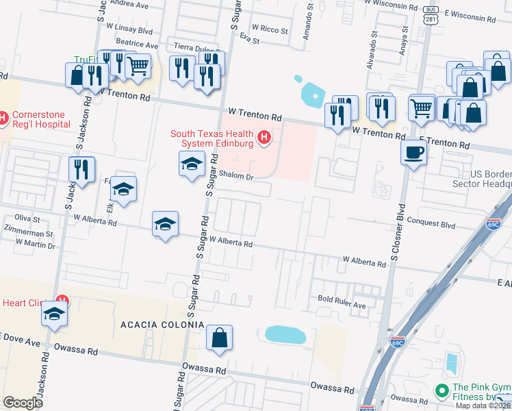map of restaurants, bars, coffee shops, grocery stores, and more near 4817 South June Drive in Edinburg