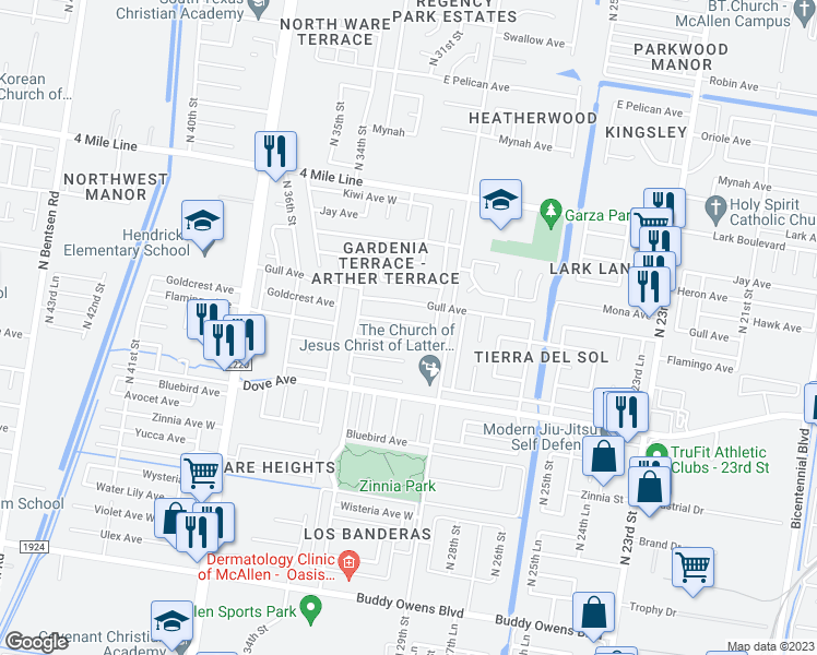 map of restaurants, bars, coffee shops, grocery stores, and more near 3009 Goldcrest Avenue in McAllen
