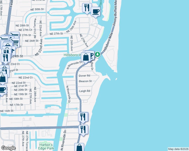 map of restaurants, bars, coffee shops, grocery stores, and more near 2300 Bay Drive in Pompano Beach
